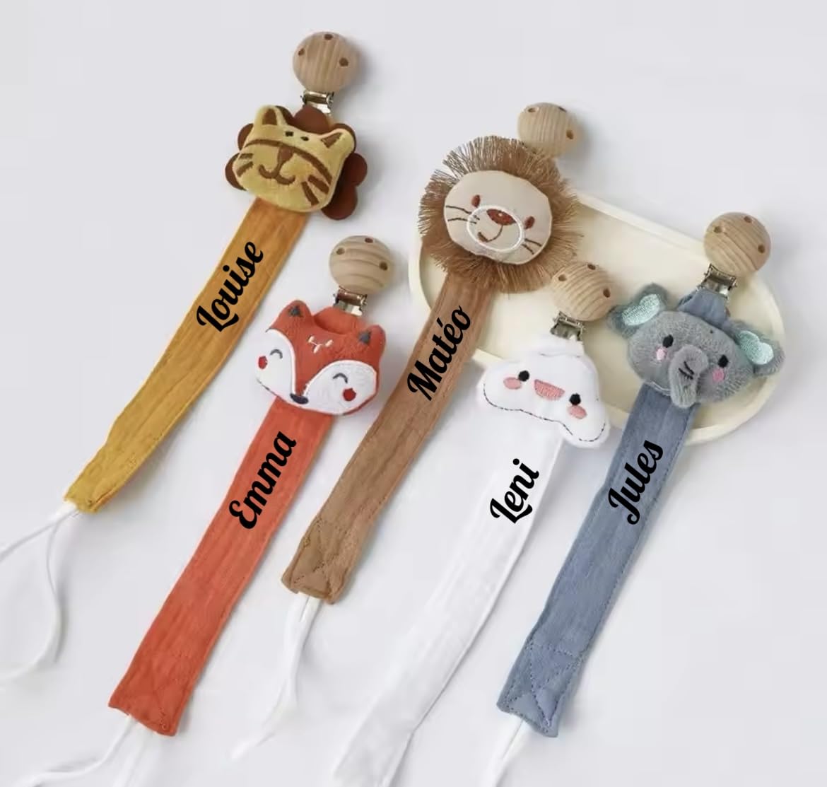 attache tétine personnalisé prénom fille garçon- en gaze de coton bio-attache en bois avec animaux - doudou éléphant nuage lion tigre écureuil