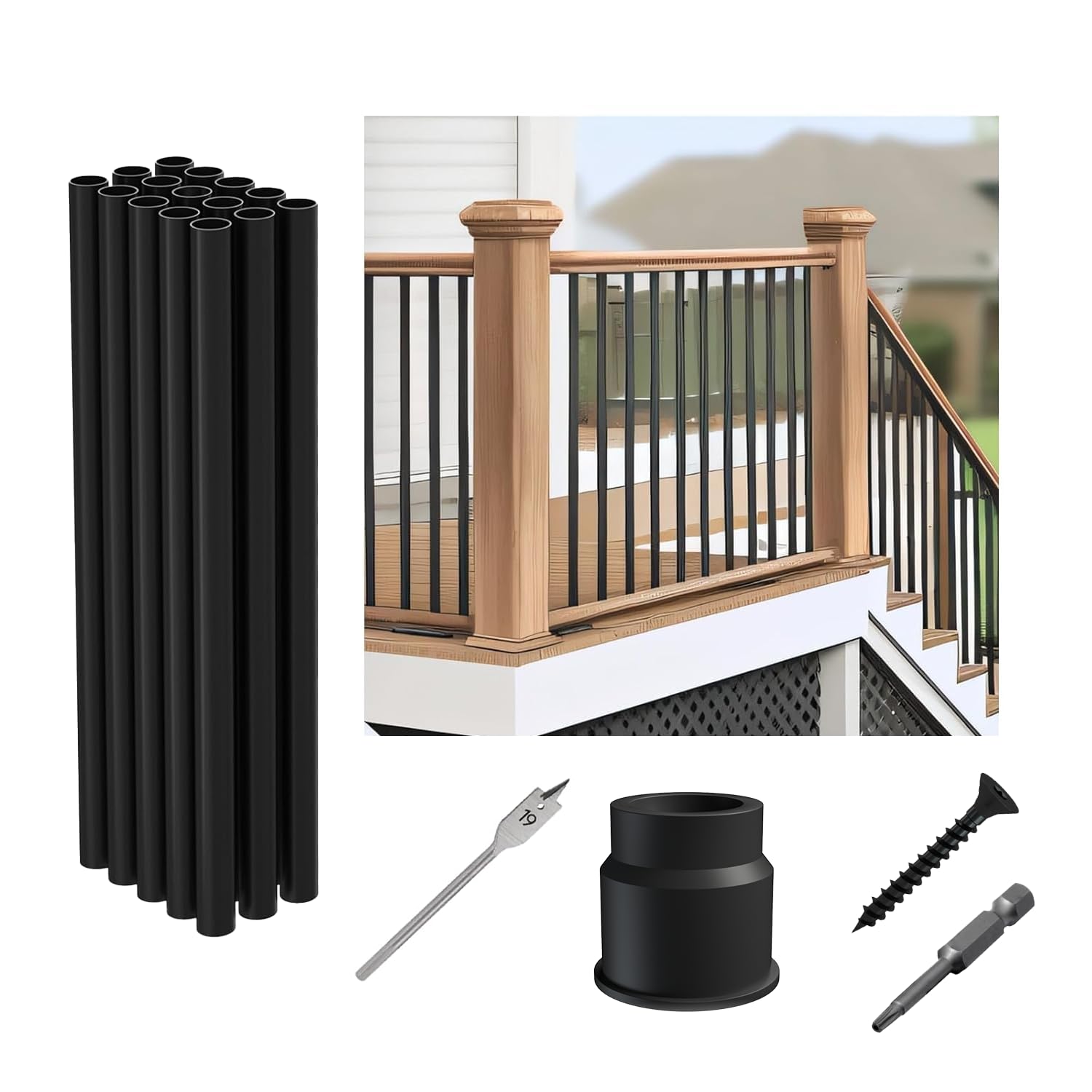 26"-15Pack Aluminum Deck Balusters Hollow Round Deck Railing Spindles Matte Coated Black for Wood and Composite Deck Indoor Outdoor