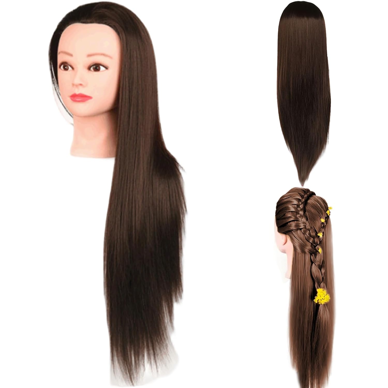 Styling Head 24.80inch Hair Simulation Synthetic Fiber Mannequin Head with Hair Training for Makeup Hairdressing Jewelry Display Dark Brown