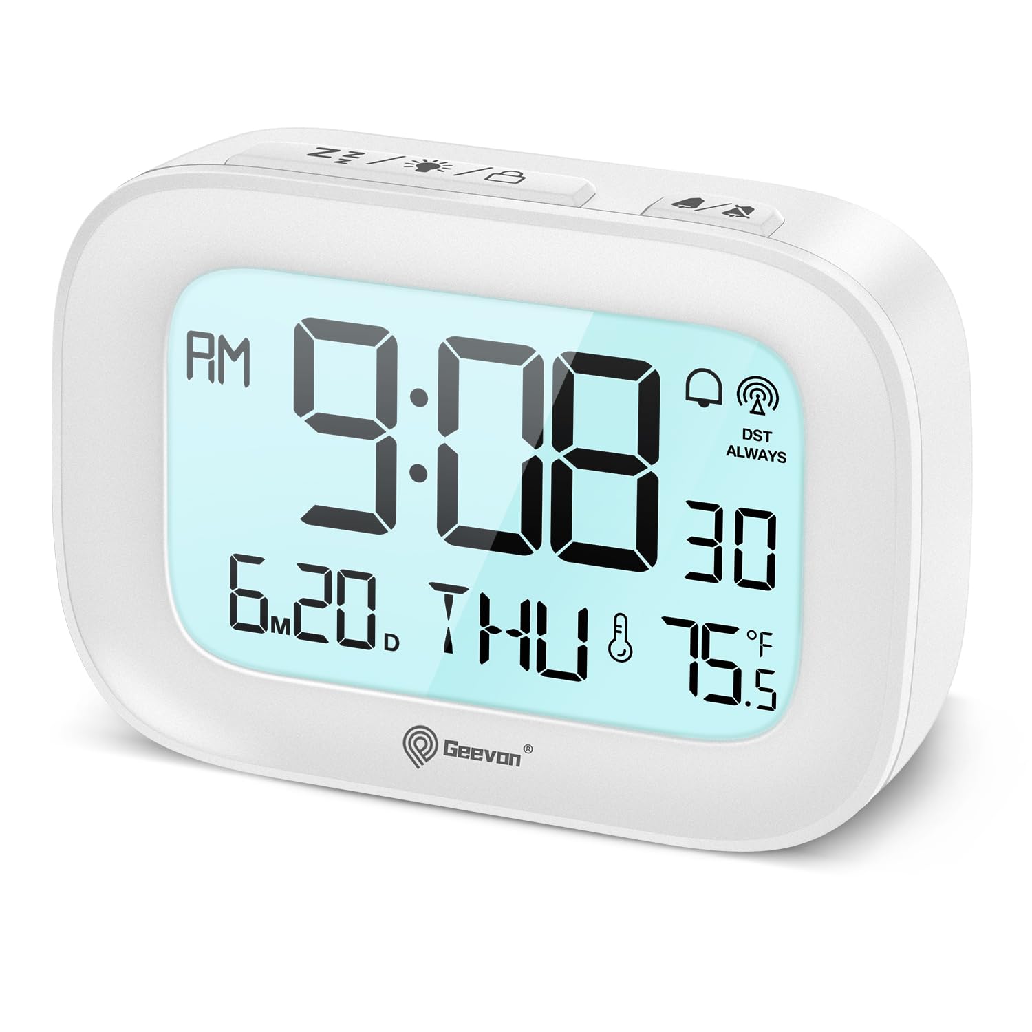 GeevonDigital Alarm Atomic Clock for Bedroom Heavy Sleepers, Mini Cute Desk Table Clock with 10s Backlight, 12/24H, Temp, Small Travel Alarm Clock for Kids Teens Adult Boy Girl, White