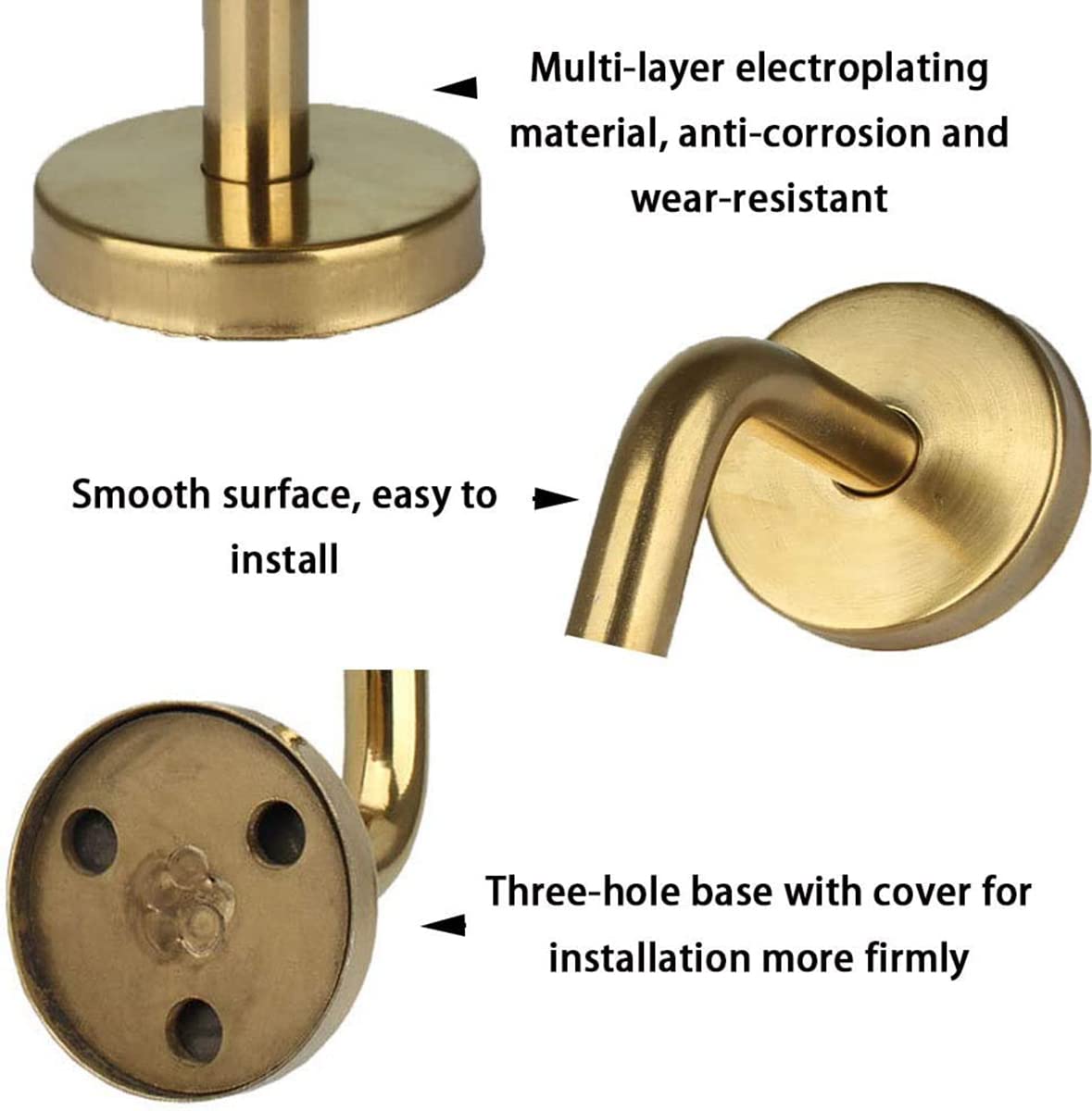 Set of 4 Stair Handrail Brackets Stainless Steel Handrail Holder Wall Mounted Heavy Duty Bannister Stair Hand Rail Brackets with Base Cover (Golden) - Image 2