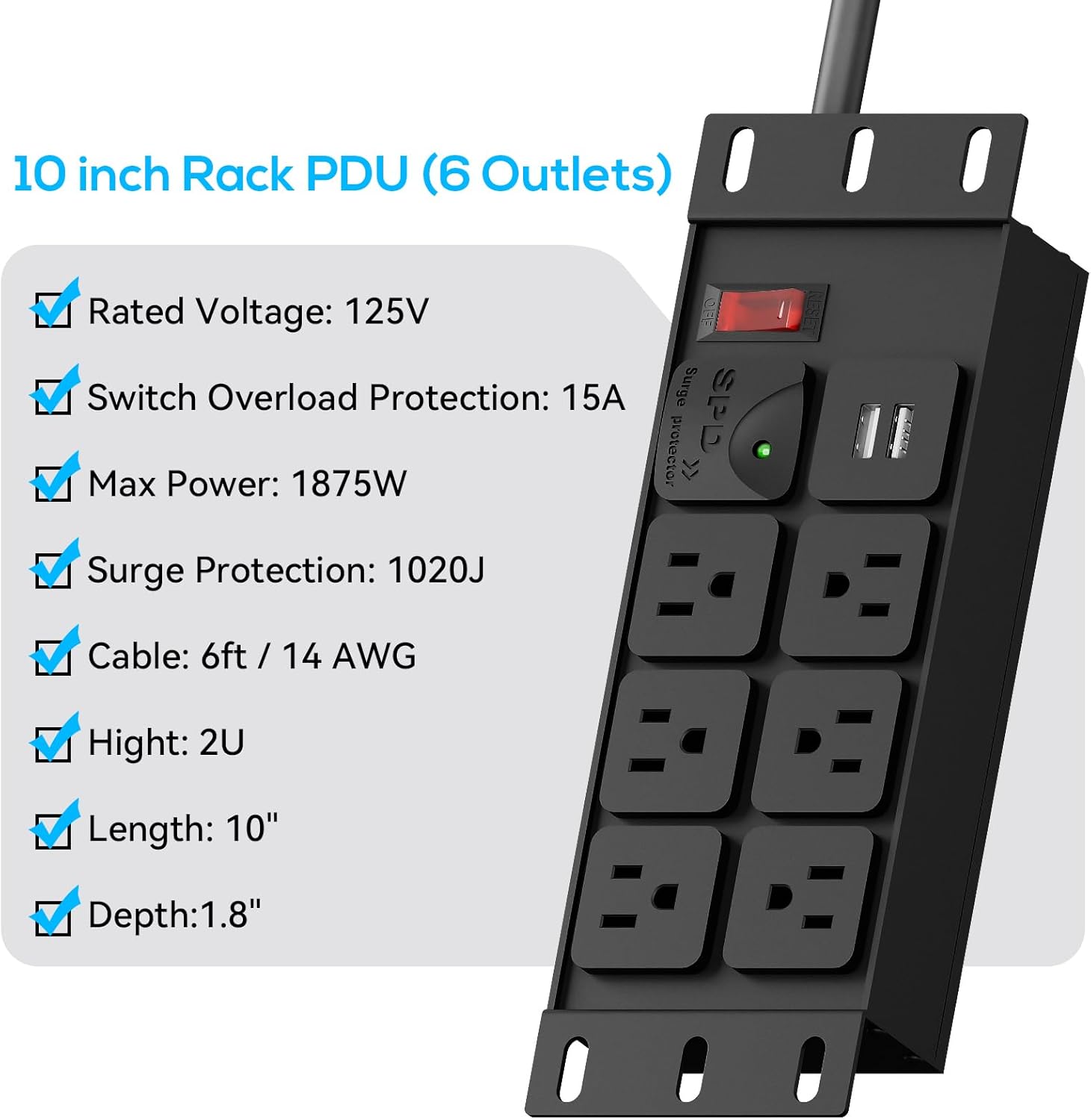 10" Rack PDU- 2U (6Outlets), Rack Power Distribution Unit with 1020J Surge Protection (125V/15A 14AWG 6ft Cable) and 2 USB-A, Rack Mount for10 Mini Server Rack Accessories,Network Cabinets/Rack/Self
