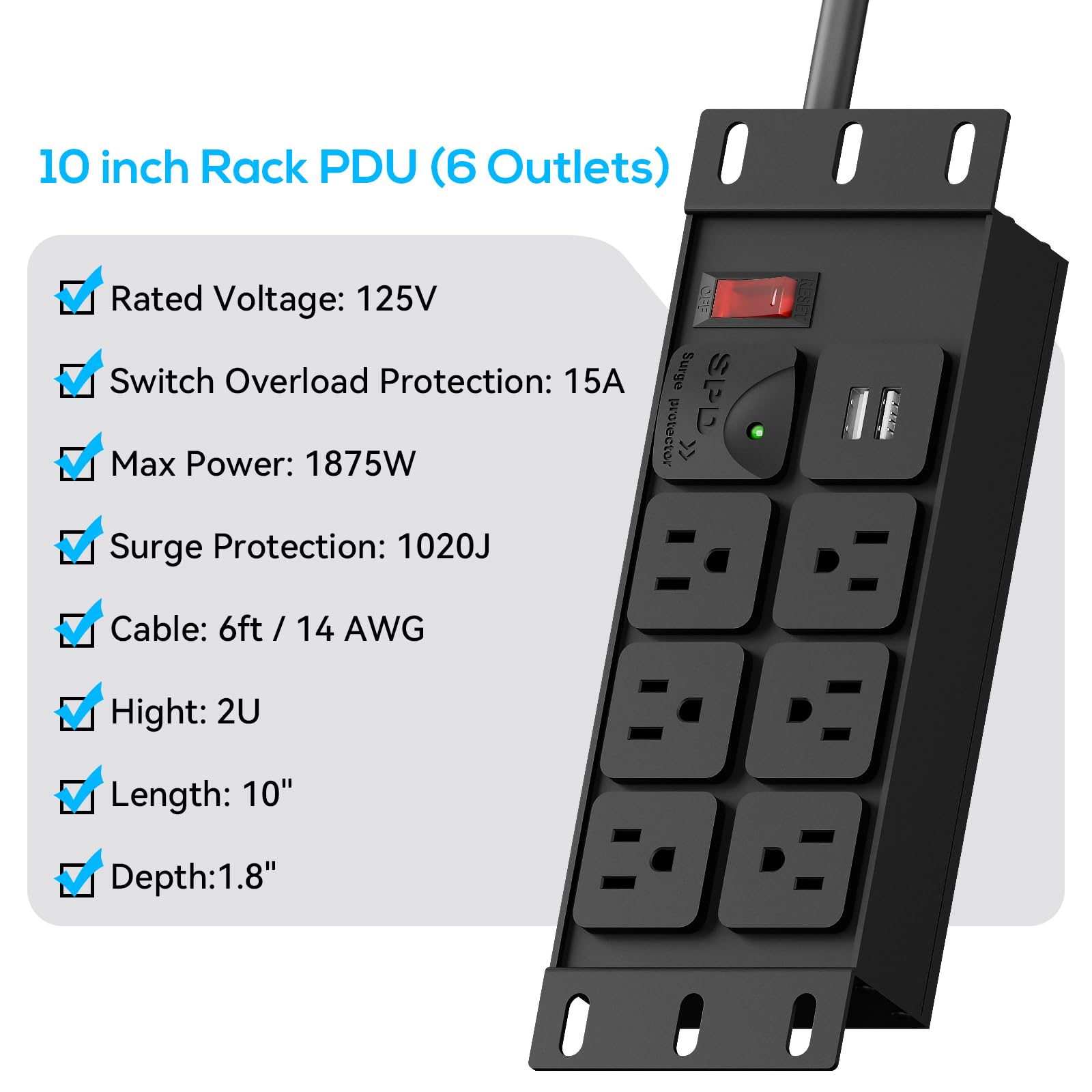 PDU para rack de 10 pulgadas, 2U (6 tomas), unidad de distribución de energía en rack con protección contra sobretensiones 1020J (cable de 125 V/15 A 14 AWG) y 2 USB-A, montaje en rack para 10