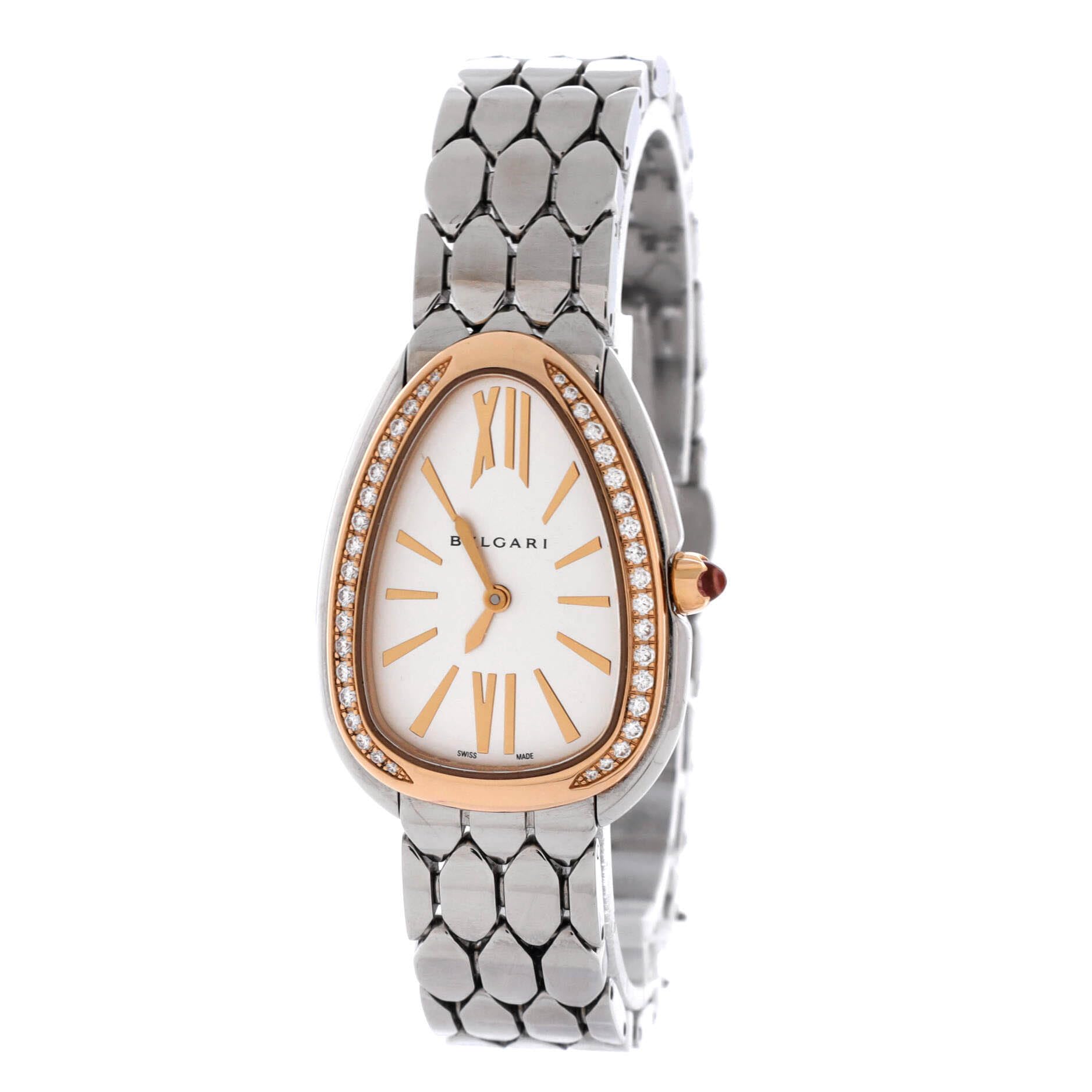 Bvlgari, Pre-Loved Serpenti Seduttori Quartz Watch Stainless Steel and Rose Gold with Diamond Bezel 25, Silver