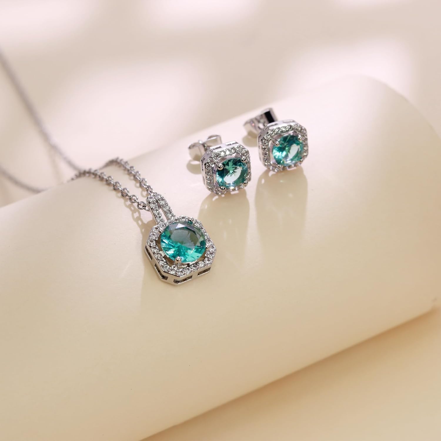 Square Cubic Zirconia Earrings and Necklace Set for Women, 14K White Gold Plated Cubic Zirconia Wedding Jewelry Sets for Bride Bridesmaid Birthstone Jewelry Gifts for Wife Mom - Image 7