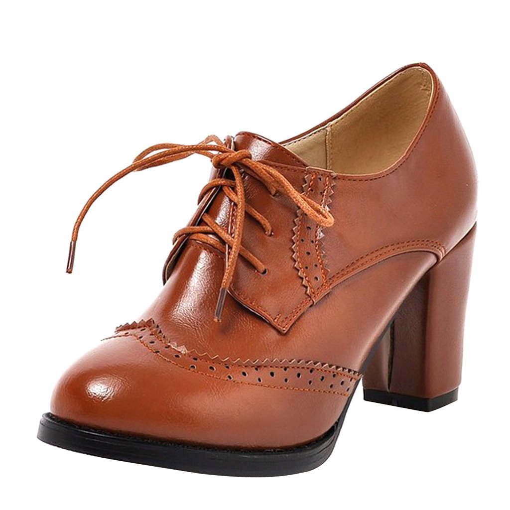 Women's Chunky Heeled Oxfords Leather Vintage Lace-up Brogue Comfortable Wingtip High Heel Pumps