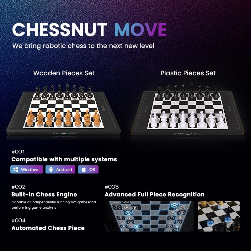 Image of Chessnut Move - Robotic Chessboard with Plastic Pieces, Self-Moving Pieces Simultaneously, Full Piece Recognition, Built-in Chess Engine, Voice Control & Video Integration