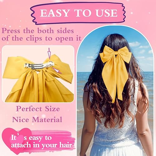 Miniatura 9 de Pufandor - Lazo para el cabello de satén sedoso para mujer, lazos blancos para niñas, pasadores de lazo, cola larga con clips, lazos grandes para el