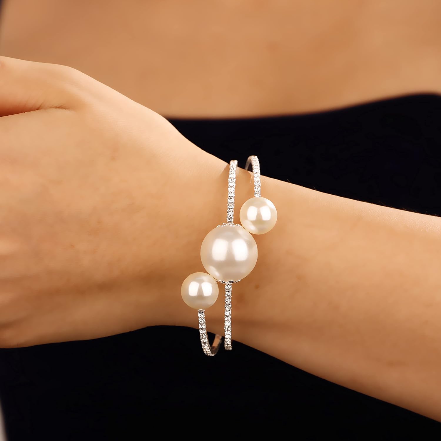 YERTTER Dainty Rhinestone 1920s Silver Fake Pearl Open Bangle Bracelet Wedding Sparkly Layered Wrap Cuff Bangle Bracelet Adjustable Pearl Bracelets for Women Brides - Image 2