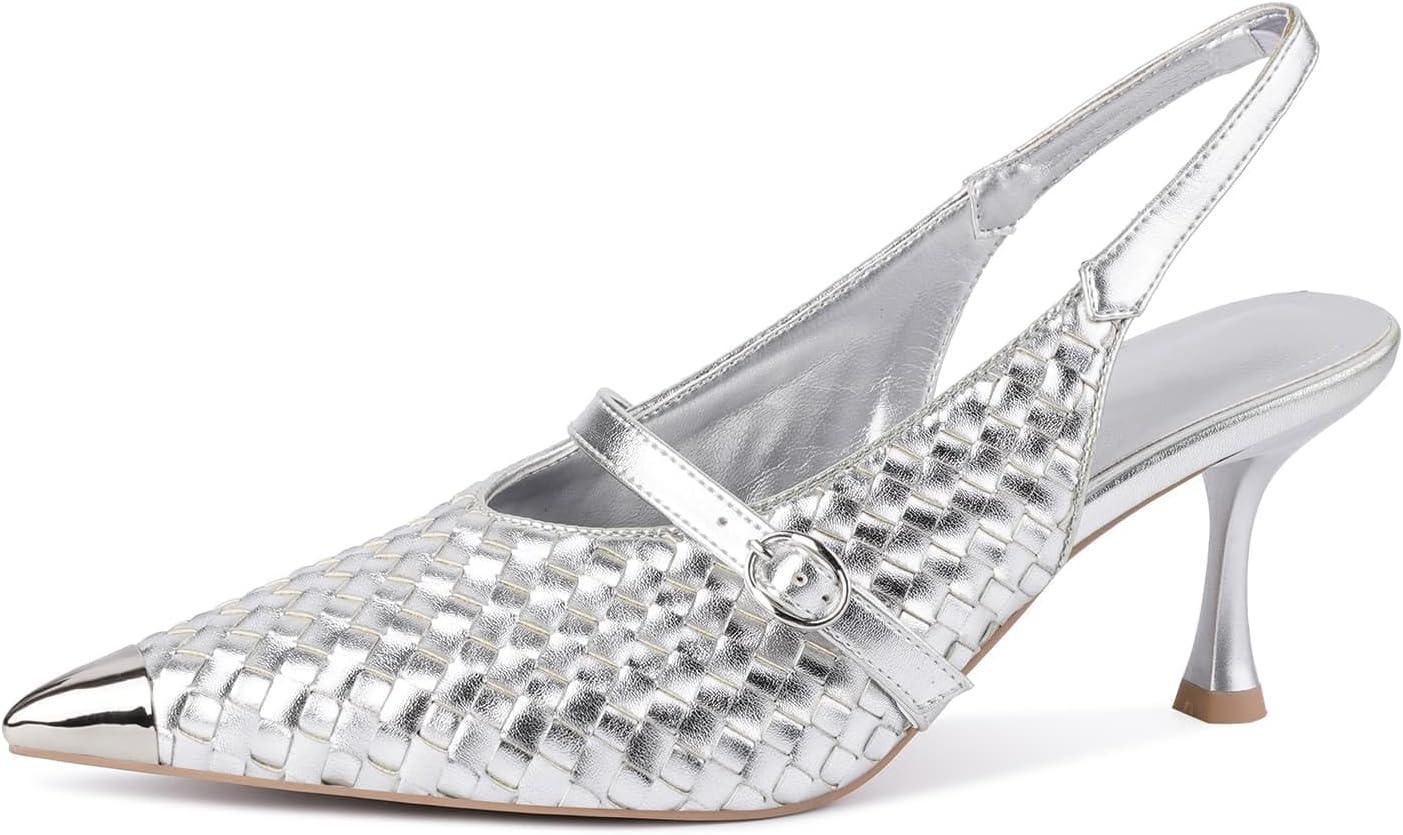 Slingback Heels for Women Woven Pumps Stiletto High Heels Closed Pointed Toe Buckle Strap Elegant Dressy Bridal Wedding Party Shoes