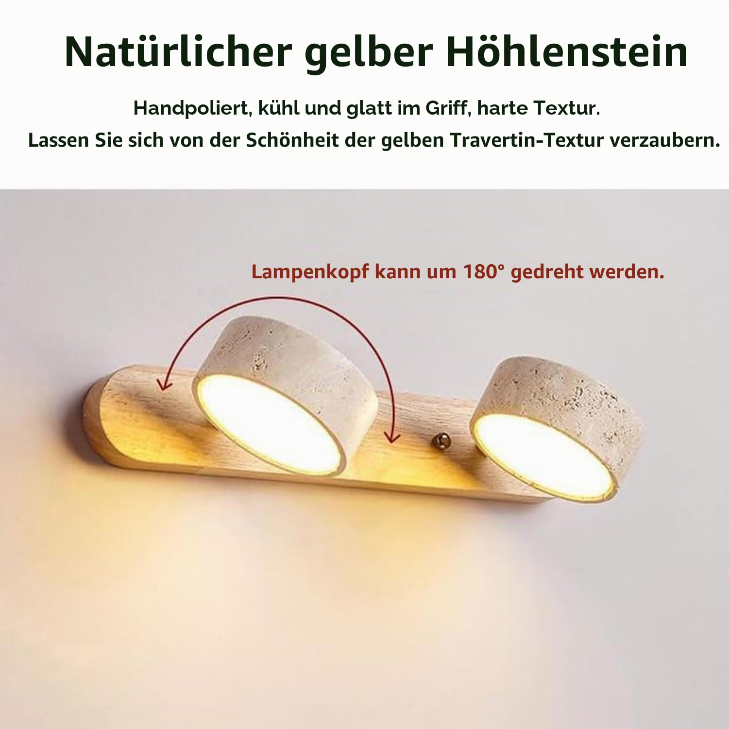 Wandleuchte aus Naturstein Travertin Gelb – Moderne LED Badezimmerleuchte mit Drehbarem Schirm, Vanity Light über Spiegel, für Flur Make-up Bereich, Naturholz, Ø32cm, Warmlicht