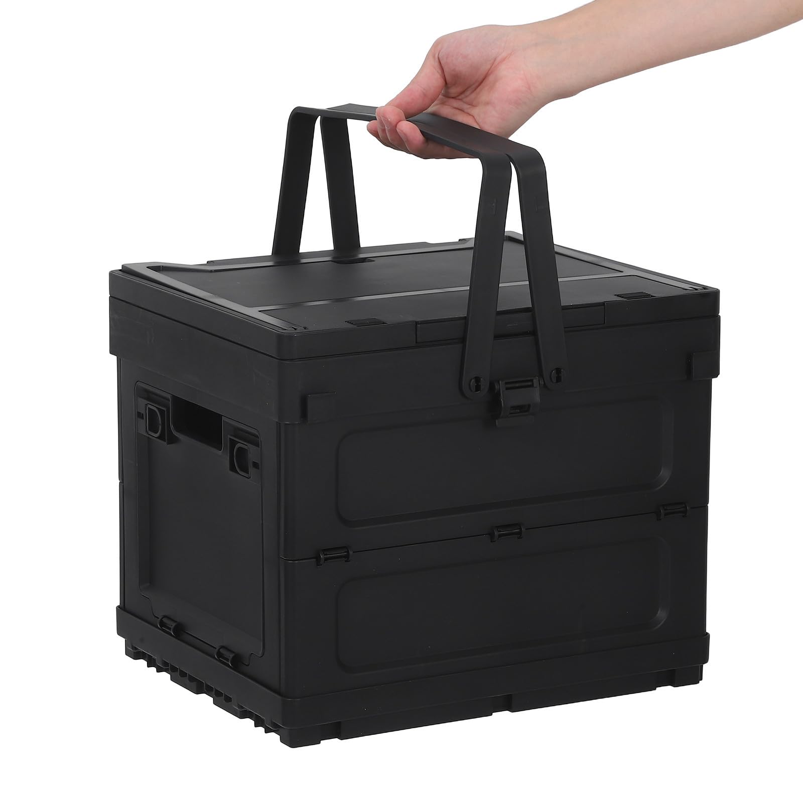 SEWACC Faltbare Aufbewahrungsbox und Griff mit Deckel für Kofferraum | Schwarzer Kunststoff, Platzsparende Struktur, Kleine Tischfunktion, für Outdoor Aktivitäten und Auto