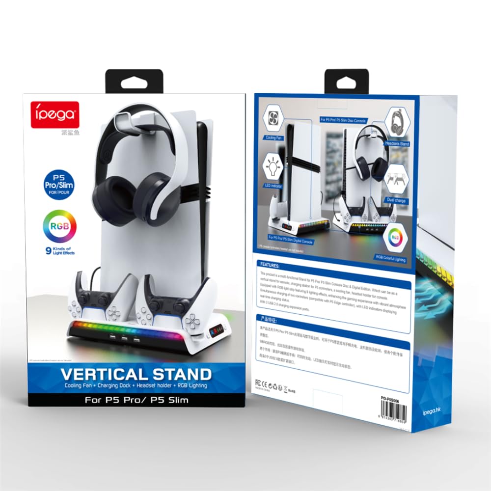 Soporte de Carga con Ventilador de refrigeración para PS5 Pro /PS5 Slim Digital/Consola de Disco, Soporte de Carga del Mando Soporte de refrigeración con Gancho para Auriculares con 9 Luces RGB