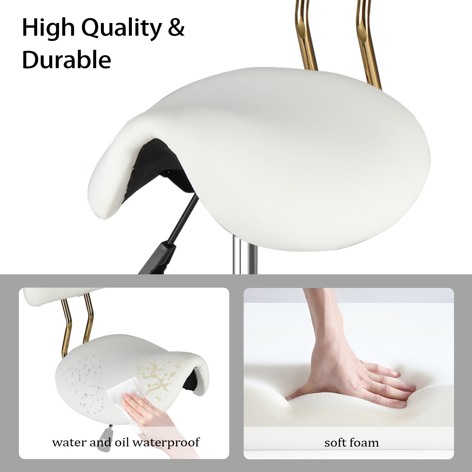 Bonnlo Tabouret de Selle, Tabouret à roulettes Réglable en Hauteur, Tabouret de Bureau Rotation à 360°, Revêtement en PU (Blanc + Or, avec Dossier (66P x 66l x 91H cm))