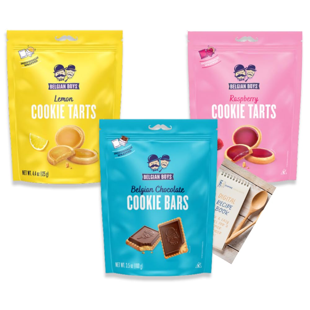 Belgian Boys Variety Pack of 3 Bundle (Lemon Cookie Tarts, Raspberry Cookie Tarts, Chocolate Cookie Bars) Shortbread Butter Cookies, Belgian Chocolate Biscuit Cookies, Non-GMO, No Preservatives, Vegetarian Friendly