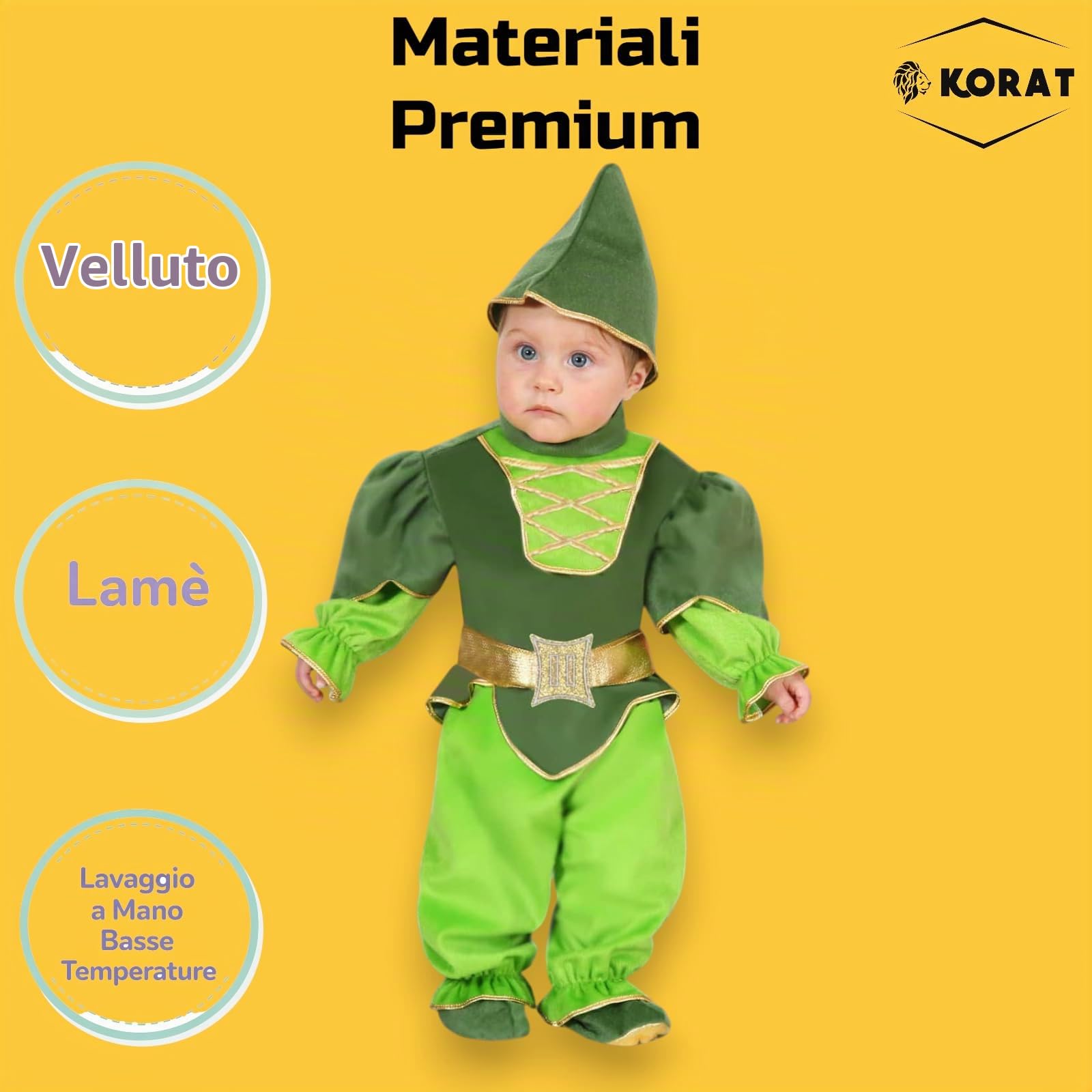 KORAT - Costume Peter Pan Neonato 3/6–13/18 Mesi – Travestimento Carnevale con Cappello Casacca Cintura Pantalone e Copriscarpette – Costume Fiaba Design Italiano per Bambini