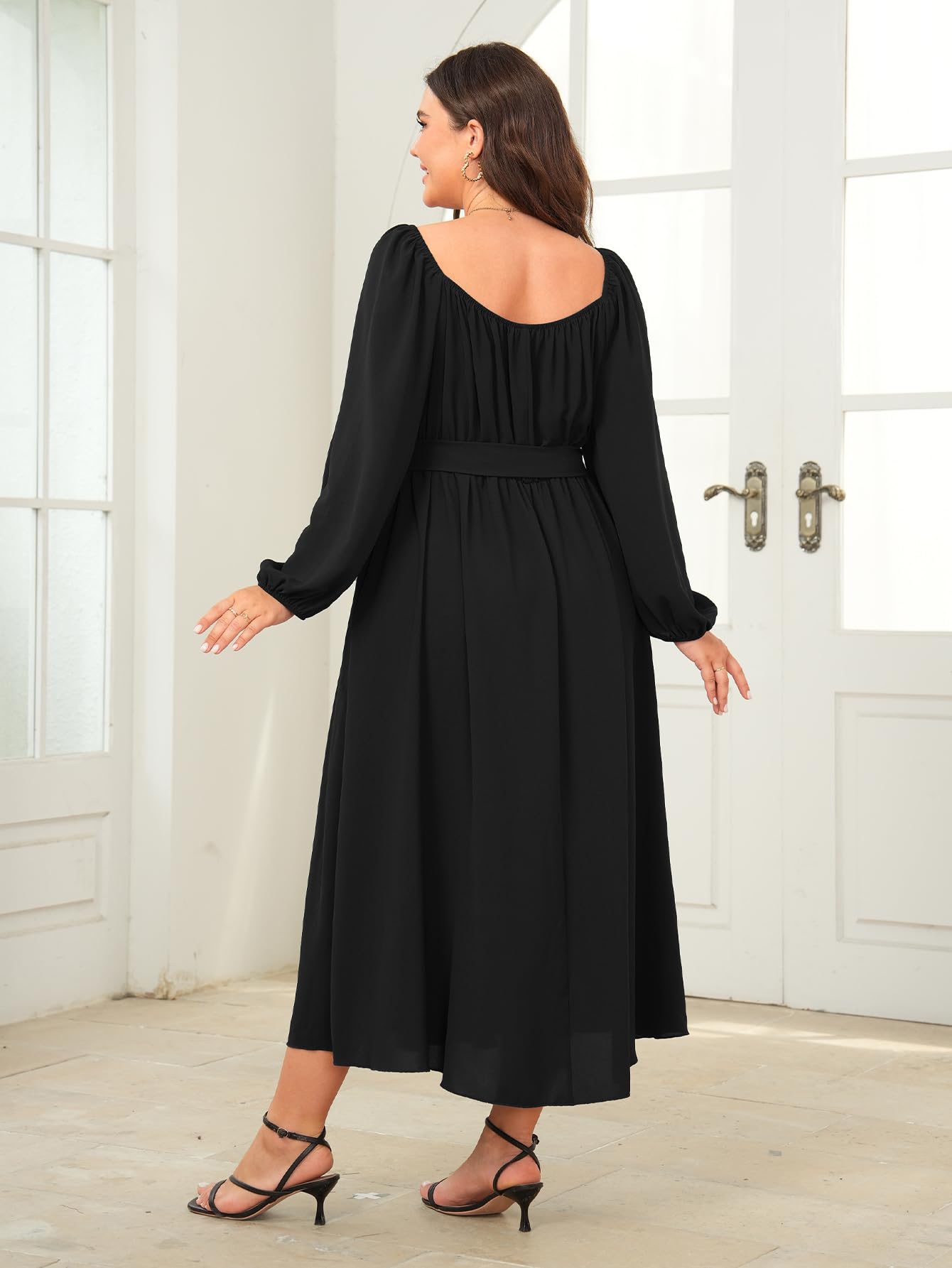 SCOMCHIC Women Plus Size Maxi Dress Long Sleeve Square Neck Wedding Guest Cocktail Belted Elegant Flowy A Line Long Dresses