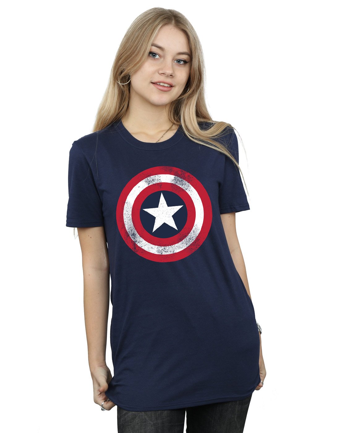 Absolute CultMarvel Women's Captain America Distressed Shield Boyfriend Fit T-Shirt