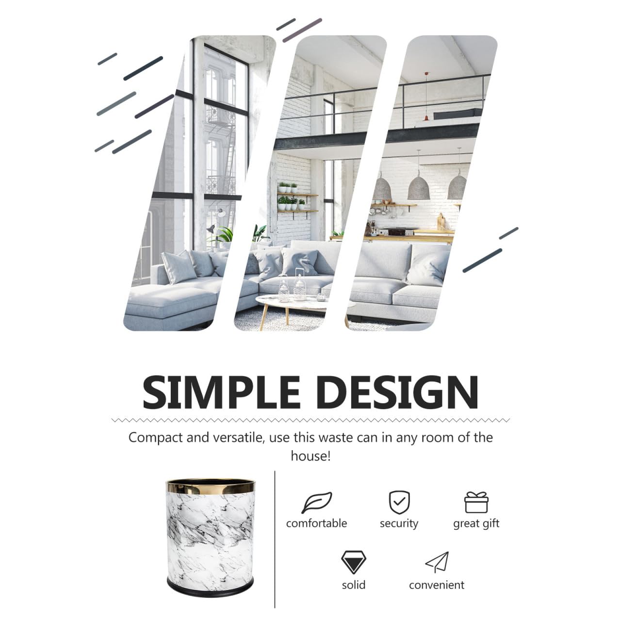 Ciieeo Marble Bathroom Trash can Plastic Round Wastebasket with Non-Slip Base Compact Trash can for Bedroom Kitchen Office Use