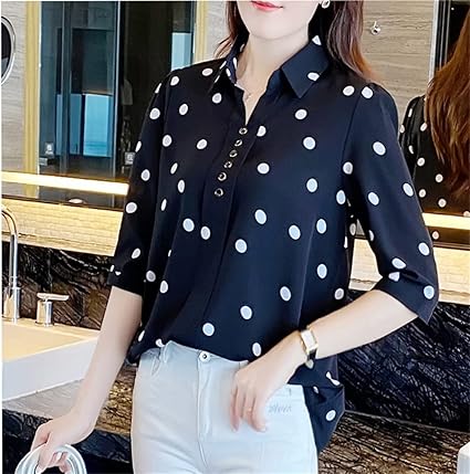 Amazon Co Jp N A ポルカドット女性シャツブラウスサマーシフォン長袖ボタンアップオフィスレディーストップ Color Black Size M Code 服 ファッション小物