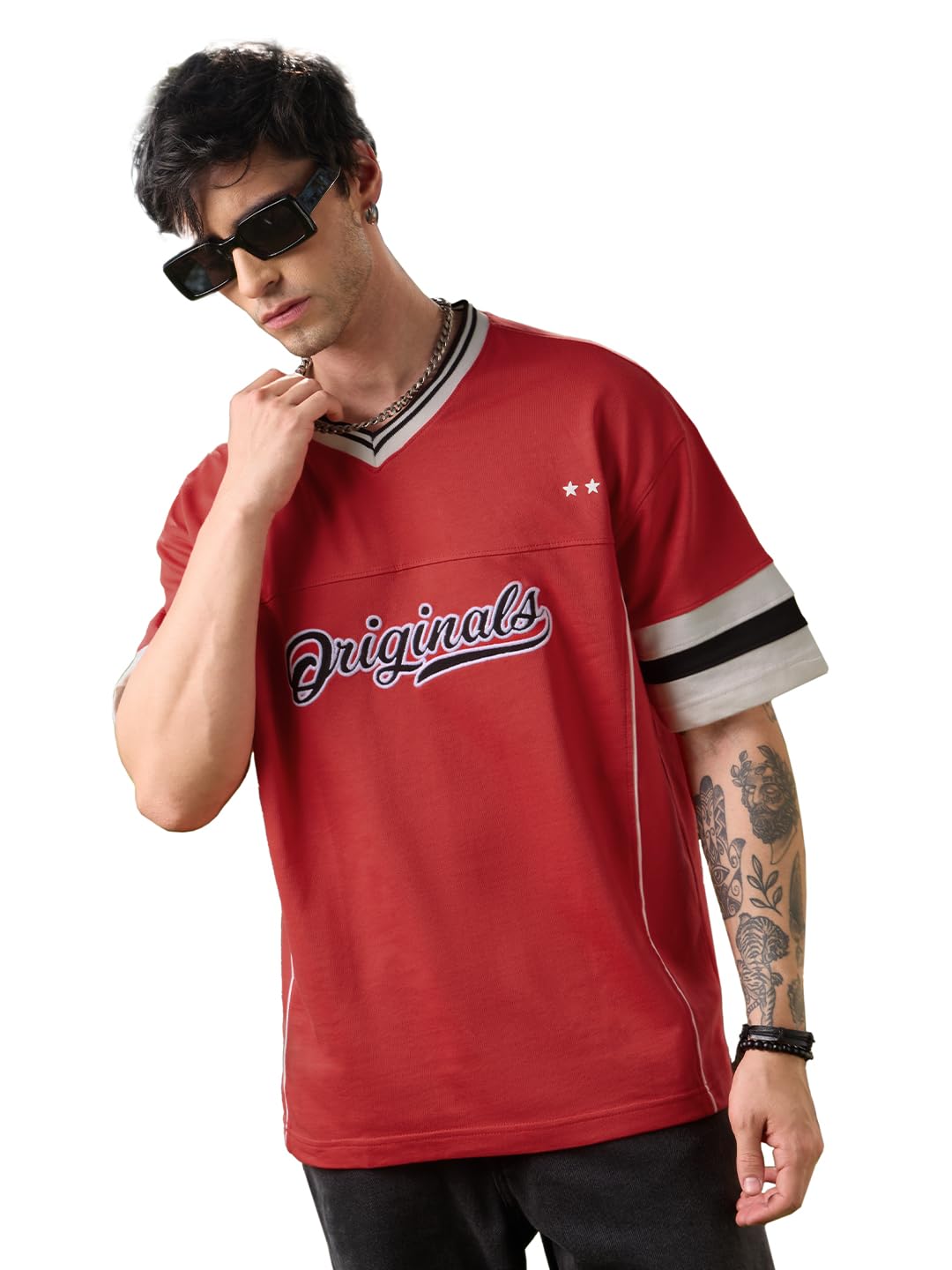 the souled store Fiesta Men and Boys Short Sleeves V- Neck Red Embroidered Cotton Oversized T-Shirts-picture-33