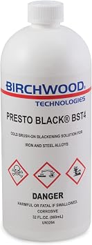 Birchwood Presto Black BST4 Technologies - cold brush on blackener solution for iron and steel alloys traditional patina steel blue and black oxide touch-up 1 Quart