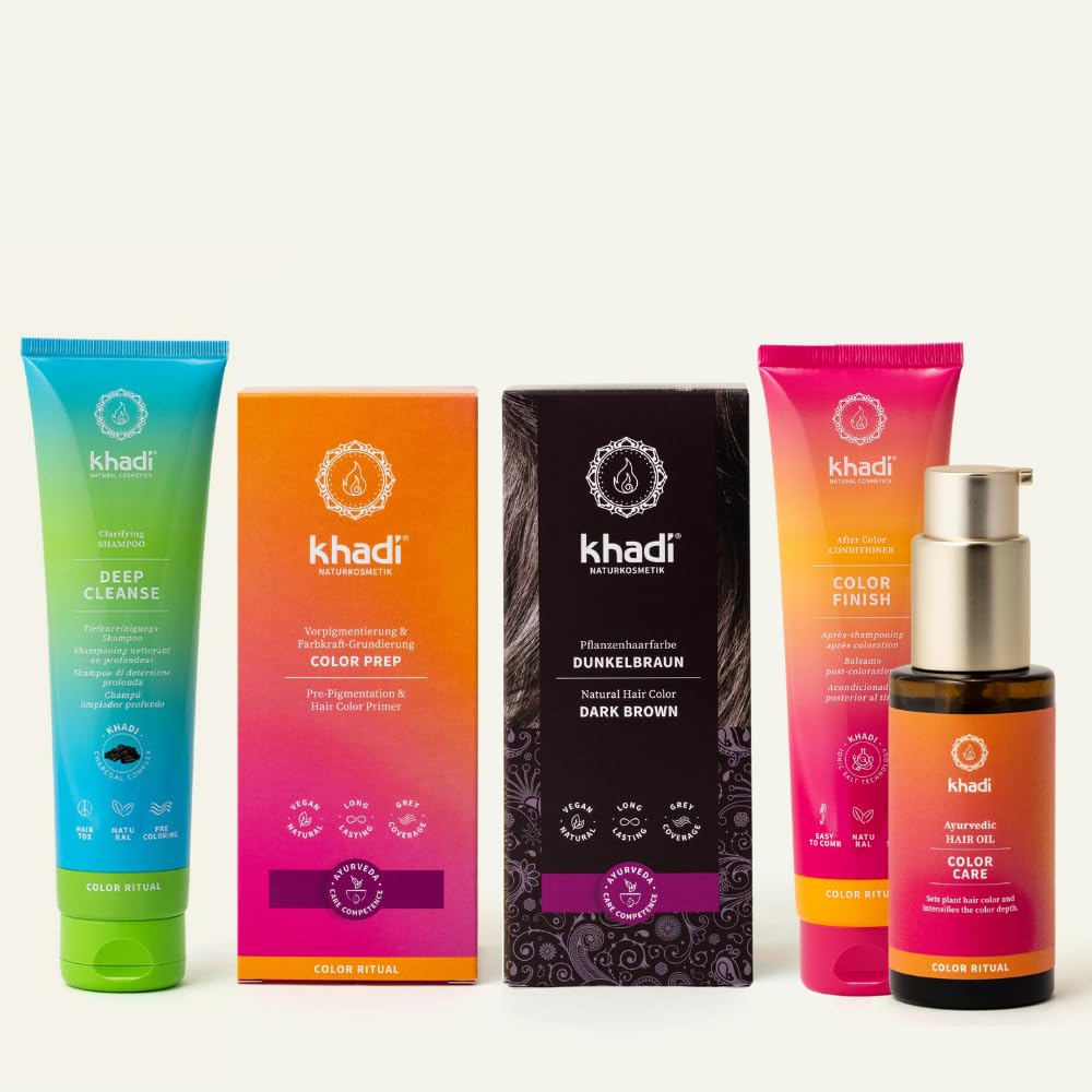Kit complet khadi ColorCycle BRUN FONCÉ Coloration de cheveux naturelle + DEEP CLEANSE Shampooing clarifiant + COLOR FINISH Après-shampooing après coloration + COLOR CARE Huile capillaire Ayurvédique