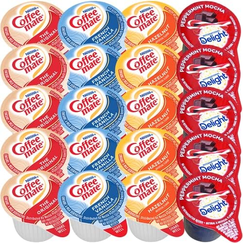 Coffee Creamer Singles Variety Pack Bundle (108 ct) Includes Delight Peppermint Mocha Coffee Creamer, French Vanilla Creamer Singles, Hazelnut Creamer Singles, and Original Creamer Singles along with a custom TRIONI stirrer!
