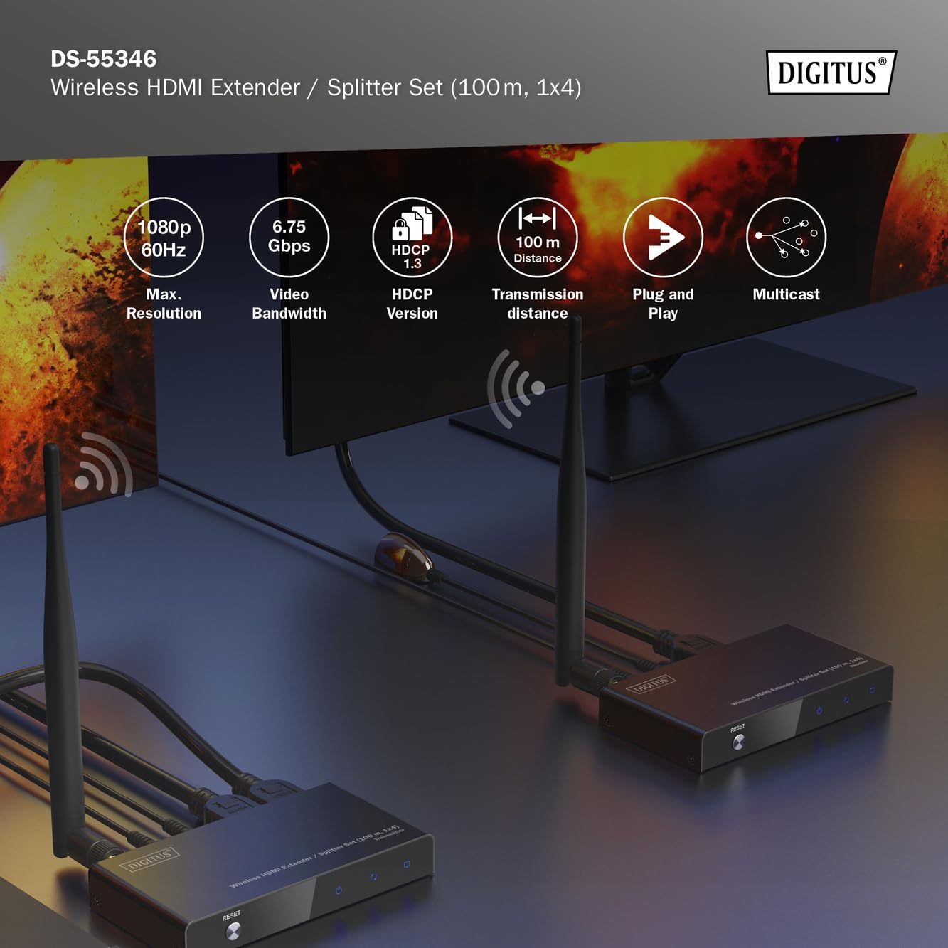 DIGITUS Wireless HDMI Extender Splitter (1x4) – Full HD 1080p 60 Hz | 100 m Reichweite – Set aus Transmitter und Receiver – Loop-Out, IR Infrarot – HDMI 1.4 HDCP 1.3