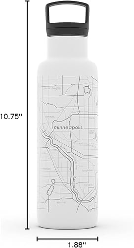 Miniatura 879 de Well Told Botella de agua aislada con mapa Chicago Illinois, grabado de acero inoxidable (21 onzas, gris muelle) botella aislada de mapa