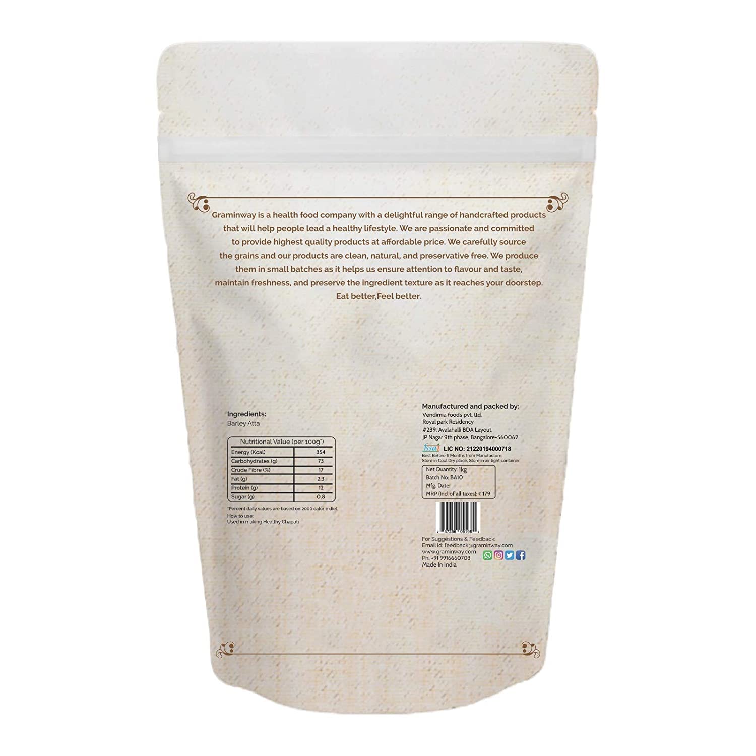 GRAMINWAY - FROM THE ROOTS Tasty & Healthy Gluten Free & Chemical Free Barley Atta/Flour 1kg x 2
