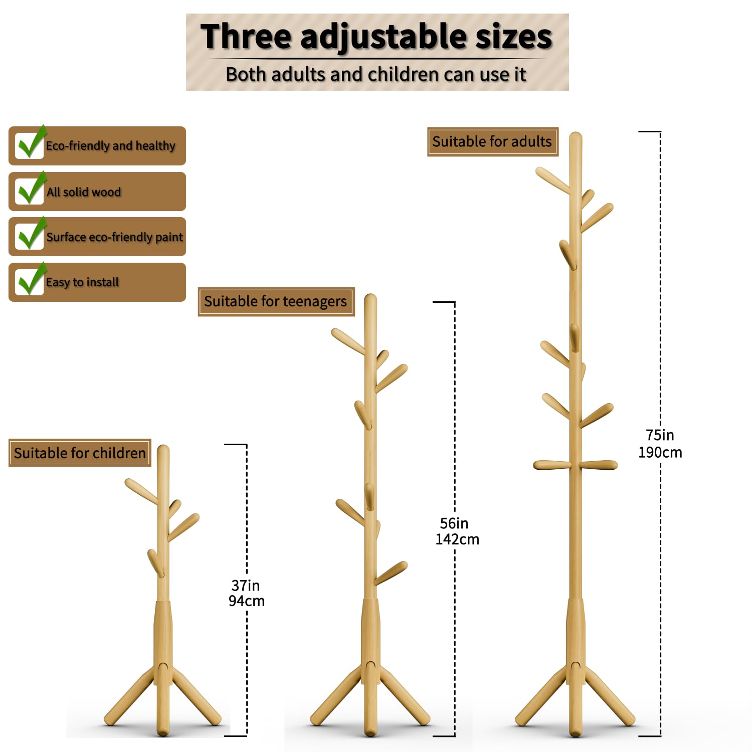 Solid Wood Coat Rack, Freestanding Tree-Shaped Coat Rack with 11 Hooks - Image 3