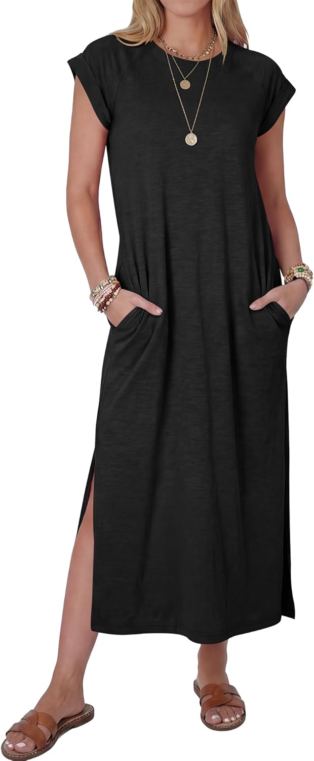 ANRABESS Women Summer Maxi Dress 2026 Casual Loose Cap Sleeve Crewneck Split Beach Vacation Long Sundress with Pockets