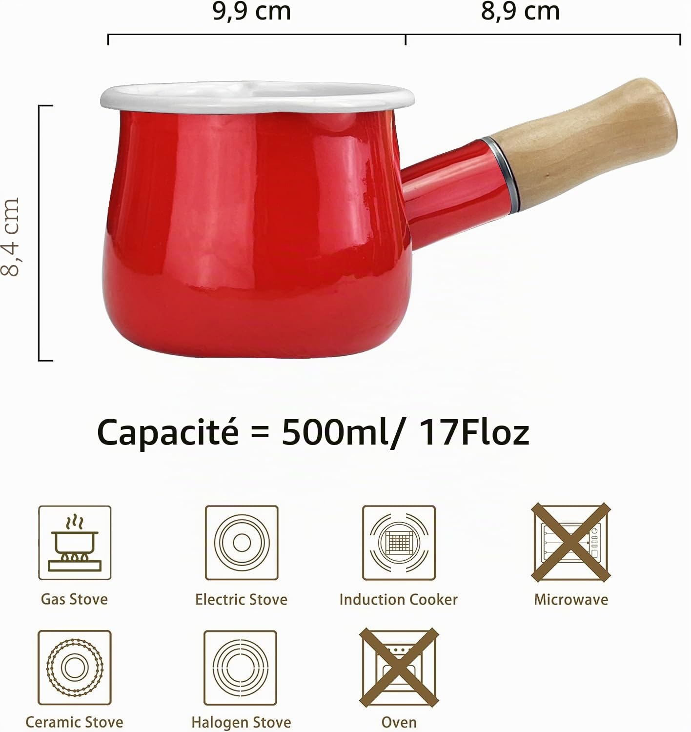 émail Casserole à Lait, Beurre de Mini Warmer 10 cm en émail Casserole Cuisine Poêle avec poignée en Bois, Taille Parfaite pour Chauffage Petit Liquide portions. Rouge…