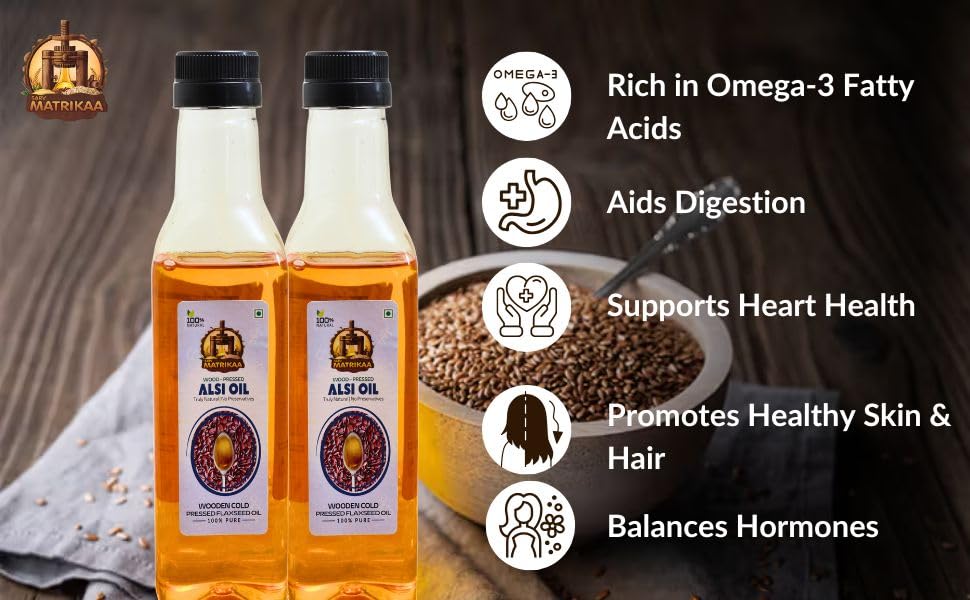 Image of SARV MATRIKAA Wood Pressed Alsi Oil 250ml | Cold Pressed Flaxseed Oil | 100% Pure & Natural | Edible Grade | No Preservatives | Omega 3 Rich | For Cooking, Skin & Hair Care