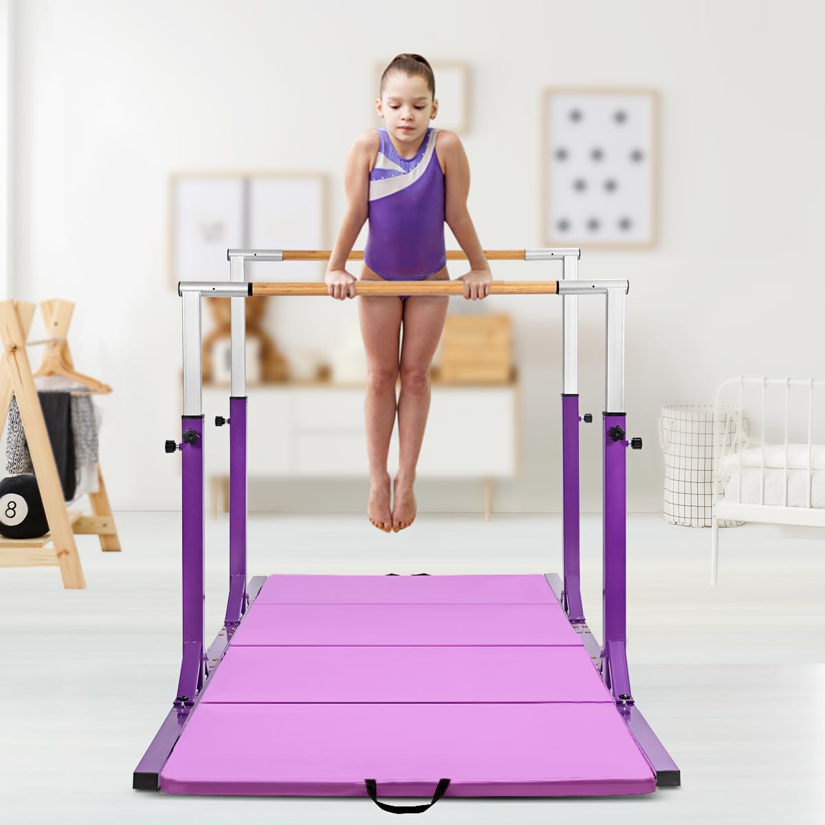 GYMAX Barras Paralelas de Gimnasia Ajustables, Doble Barra con 11 Posiciones de Altura, Capacidad de Carga de 100 kg, para Niños de 6-12 Años