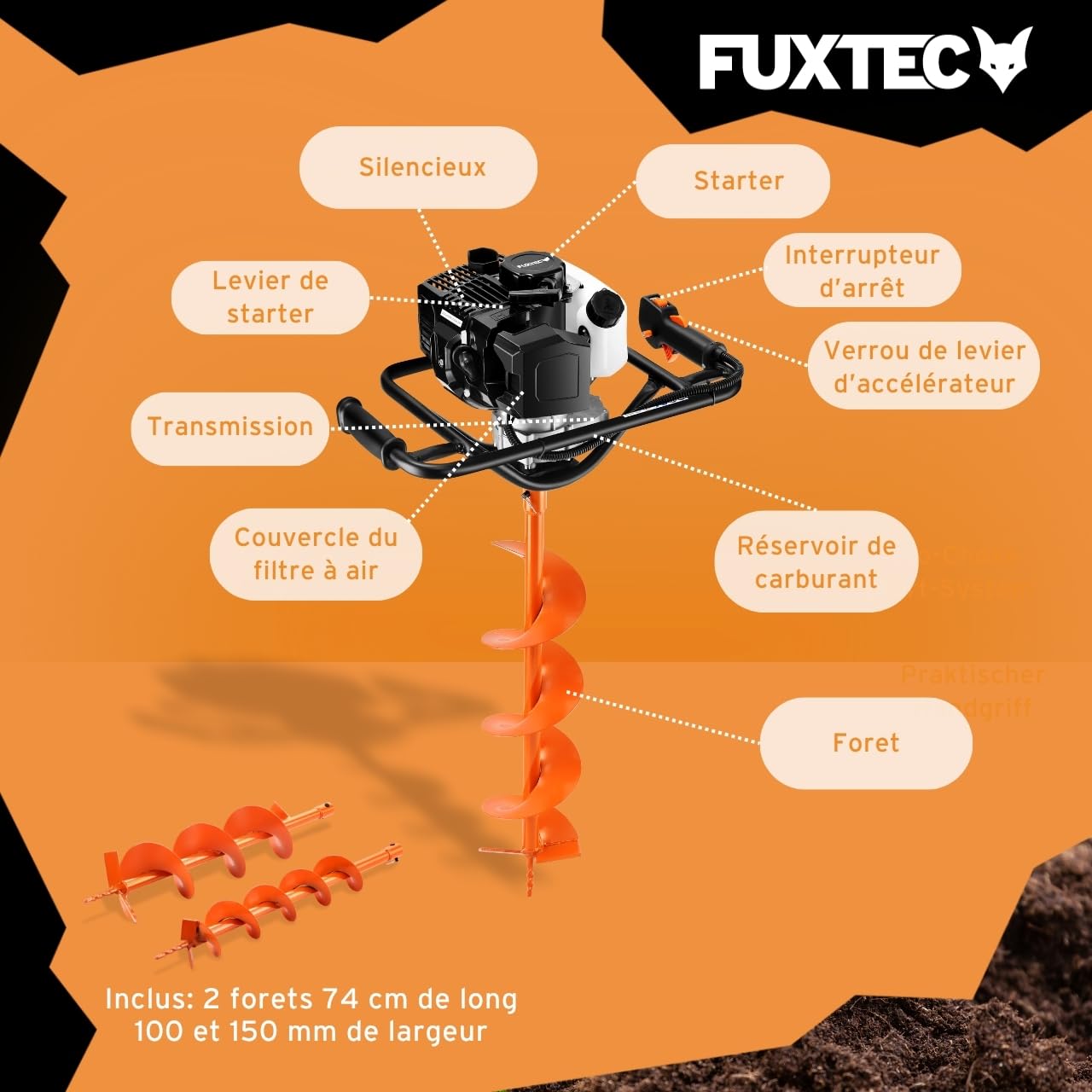 FUXTEC Tarière Thermique FX-EB143ECO - Moteur 2 Temps 42,7cm³ 1,25kW - Idéale pour la Plantation et Clôtures - Réducteur Intégré - Ergonomique & Compact - Forets Ø100/150mm Inclus – Réservoir 1L