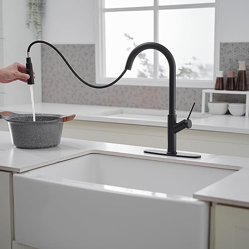 Miniatura 4 de BWE Grifos de cocina con rociador desplegable de 2 funciones de arco alto negro mate grifo de fregadero de cocina de latón de una sola manija con