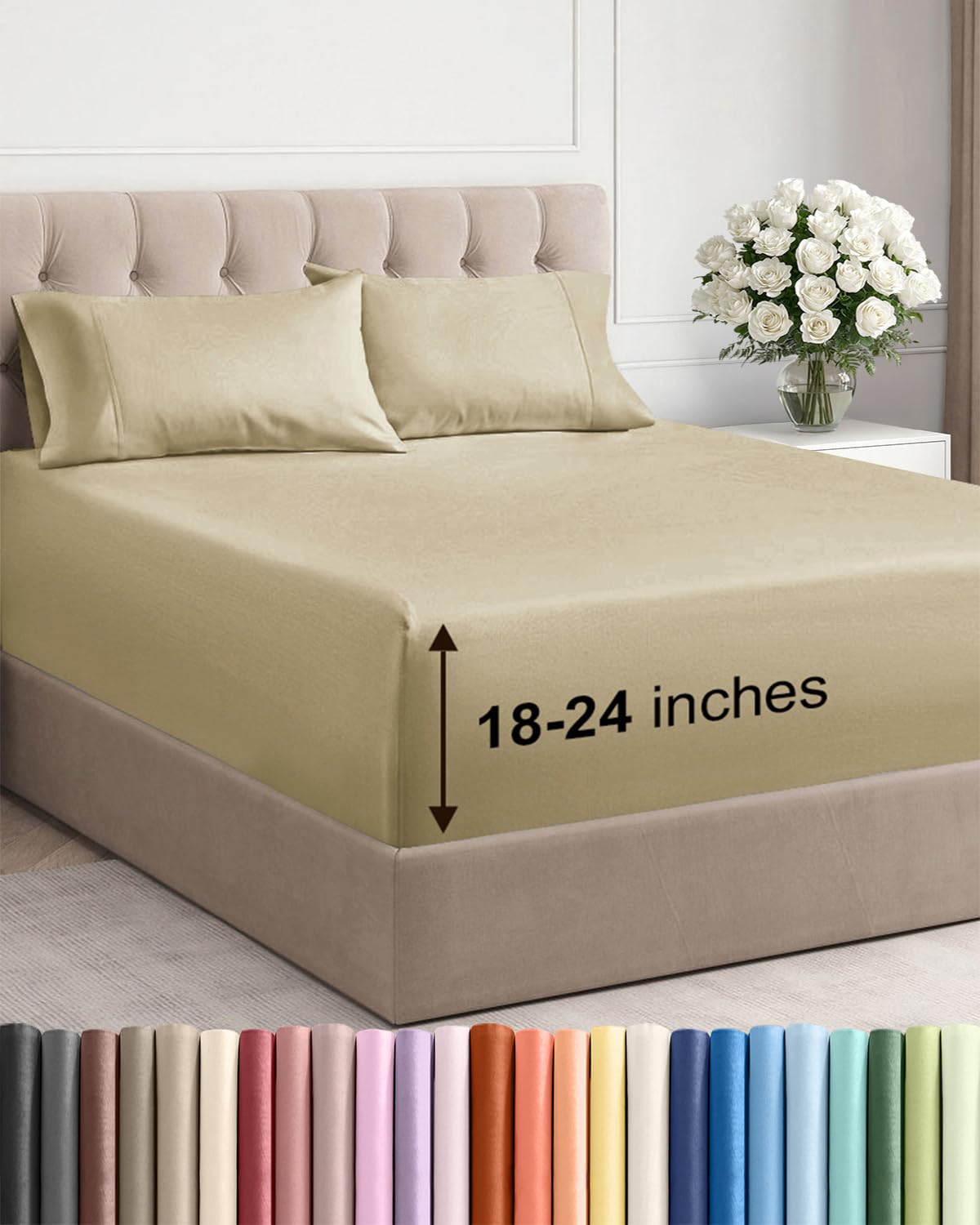 extra deep king sheet set - 4 piece breathable & cooling bed sheets - easily fits 18 to 24 inch mattress - ultra soft, wrinkle & fade free w/ extra deep pockets - comfy hotel luxury bedding - beige