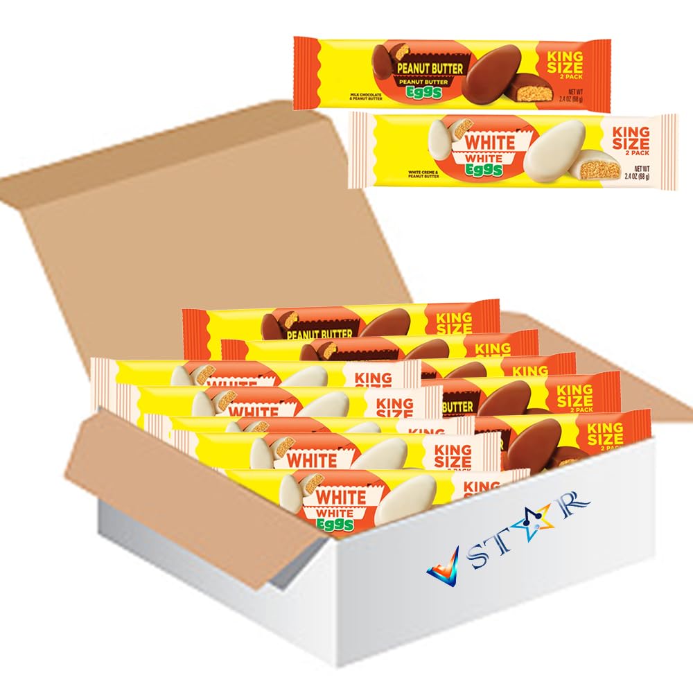 Peanut Butter White & Milk Chocolate Easter Eggs King Size 68g – Festive Holiday Chocolate for Easter Gifting & Sharing - Res (24 x Packs, Mixed Eggs - Milk & White)