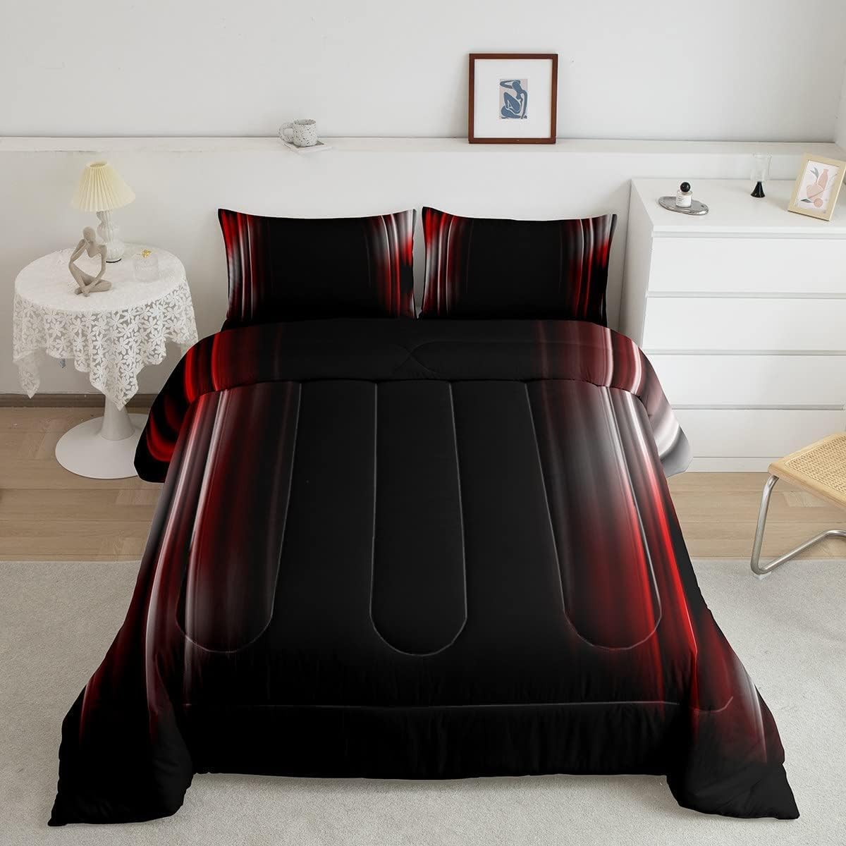 Feelyou Geometric Ombre Bedding Set Men Adults Teens Grey White Red and Black Stripes Comforter Set Kids Boys Girls Simple Modern Quilt Set 3Pcs Queen Size Multi 08 Queen