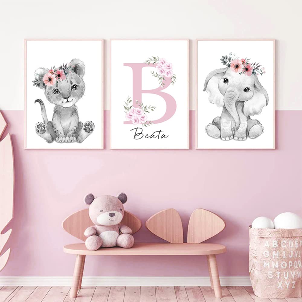3 Cuadro con Nombres Personalizados 30 x 40 cm Rose Laminas Animales Bebe León Elefante Lienzo Infantiles para Habitacion Flores Cuadros Decoracion Dormitorios para Niñas Poster Bebe sin Marco