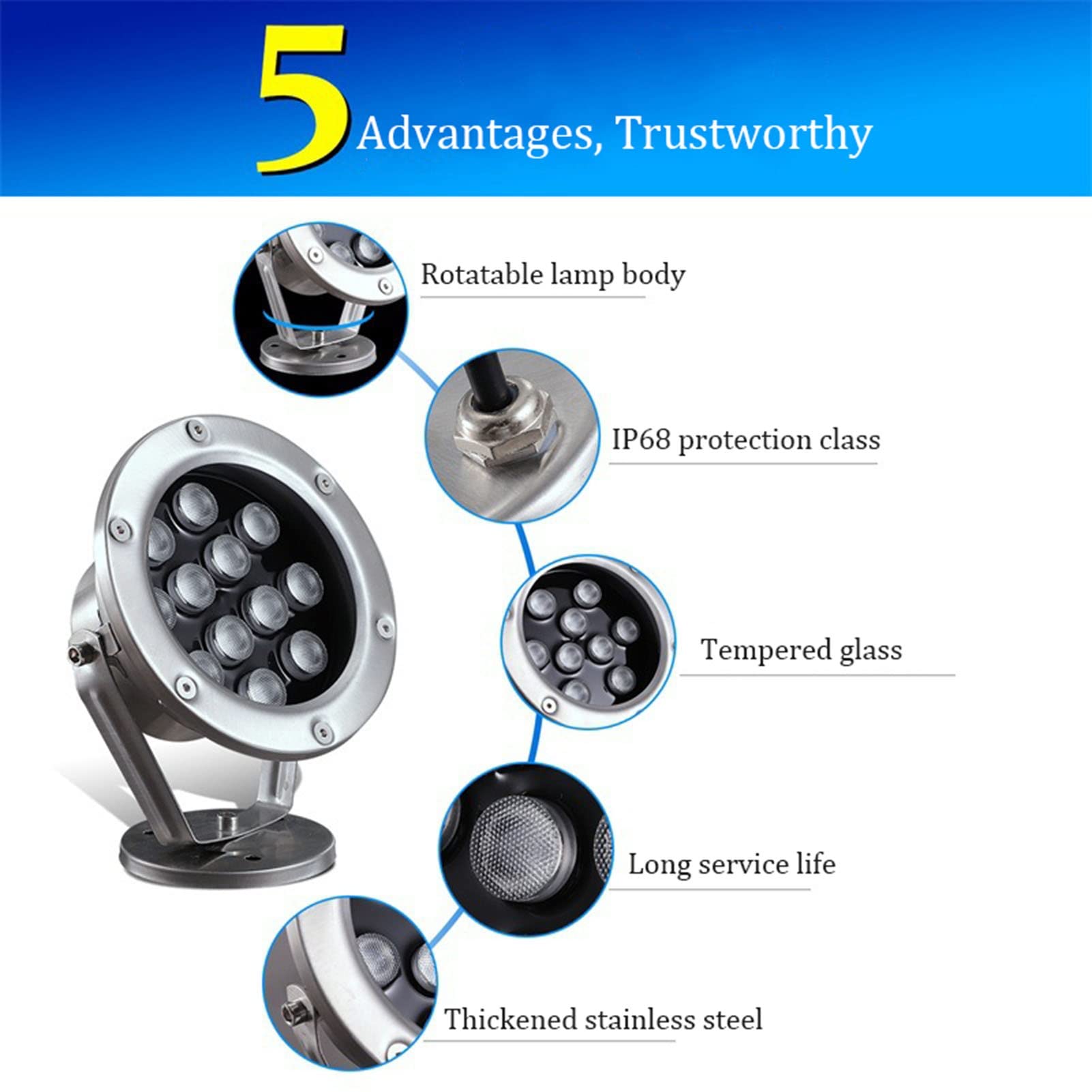 All'aperto LED Luci Subacquee Ruotabile Basso Voltaggio 12/24V Faretto Subacqueo IP68 Impermeabile Acciaio Inossidabile Luci del Laghetto per Fontana Acquario Illuminazione del Paesaggio