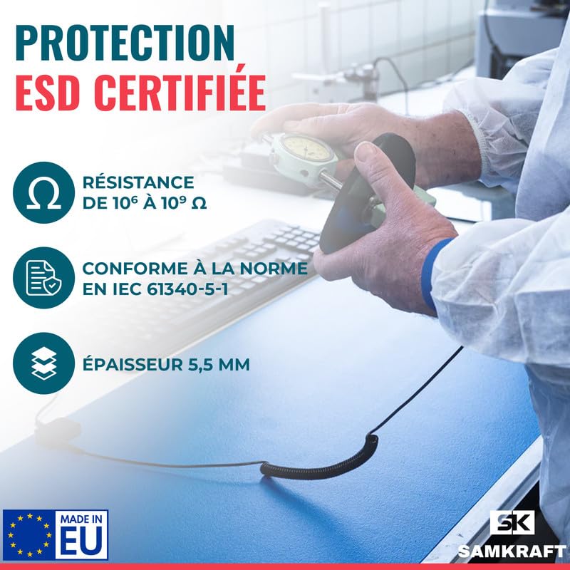 W3 Tapis Antistatique ESD 60x180 cm - Nappe de Protection pour Établi Électronique et Soudure - Mousse Dissipative 5,5mm - Protection Composants Sensibles, Informatique et Industrie -Bleu