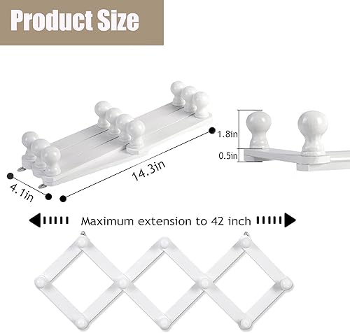 Miniatura 5 de Paquete de 2 colgadores de pared de acordeón, perchero expandible para montar en la pared, colgador de madera para colgar abrigos, sombreros,