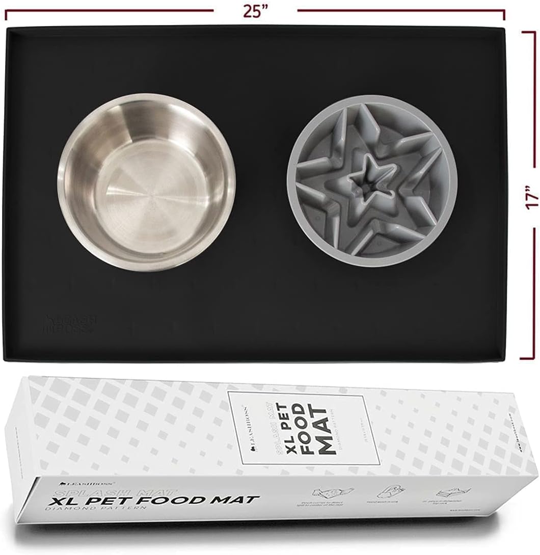 Leash Boss 2-Cup Slow Bowl and XL Mat - Silicone Food Mat (25"x17", Black) and 2-Cup Maze Dog Dish (Gray)