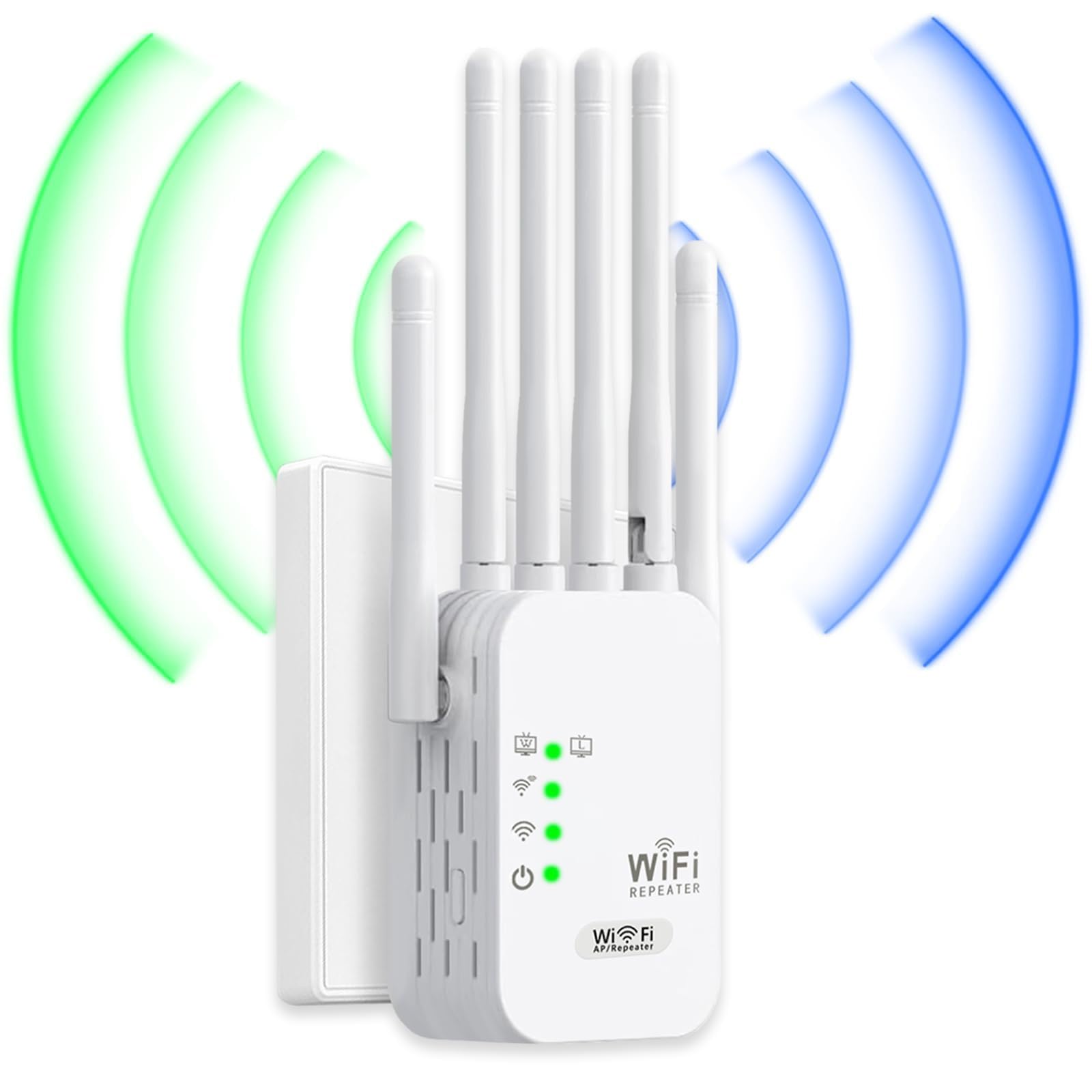 Repetidor WiFi, Amplificador de Señal WiFi, 6 Antenas, 2 Puertos LAN, Extensor WiFi Doble Banda 5 GHz y 2.4 GHz, Cobertura de 360° Compatible con Todos los routers Wi-Fi, Instalación Fácil (300M)