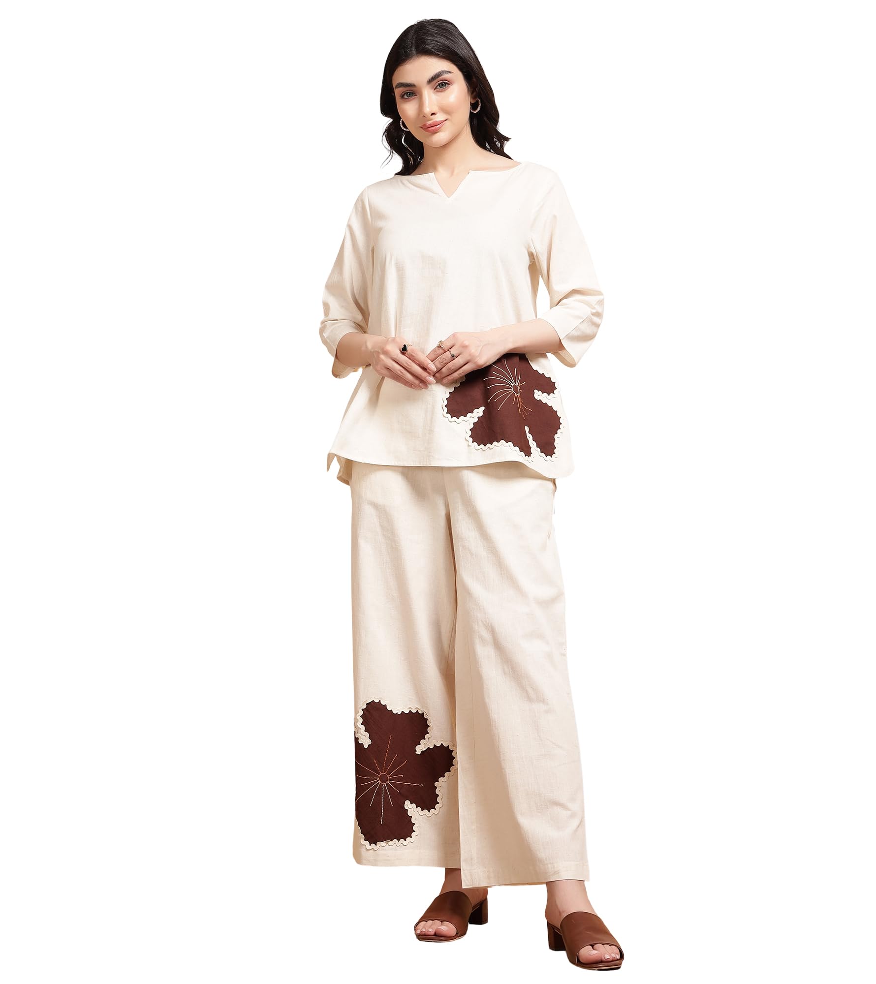 Solid Cotton Top & Pants Co-ord Set for Women's|3/4 Sleeve Boat Keyhole Neck Regular Fit Stylish Summer Western Casual Wear Ladies Trendy Cord Set-image-49