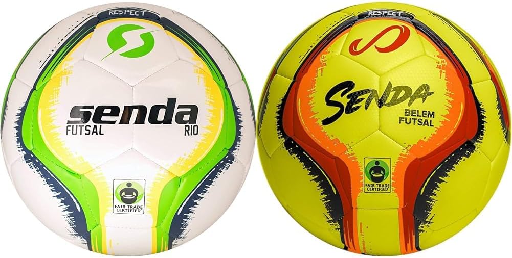 SENDA Rio Match Futsal Ball, Fair Trade Certified, Green/Yellow, Size 4 (Ages 13 & Up) & Belem Training Futsal Ball, Fair Trade Certified, Yellow/Red/Orange/Black, Size 2 (Ages 7 & Under)
