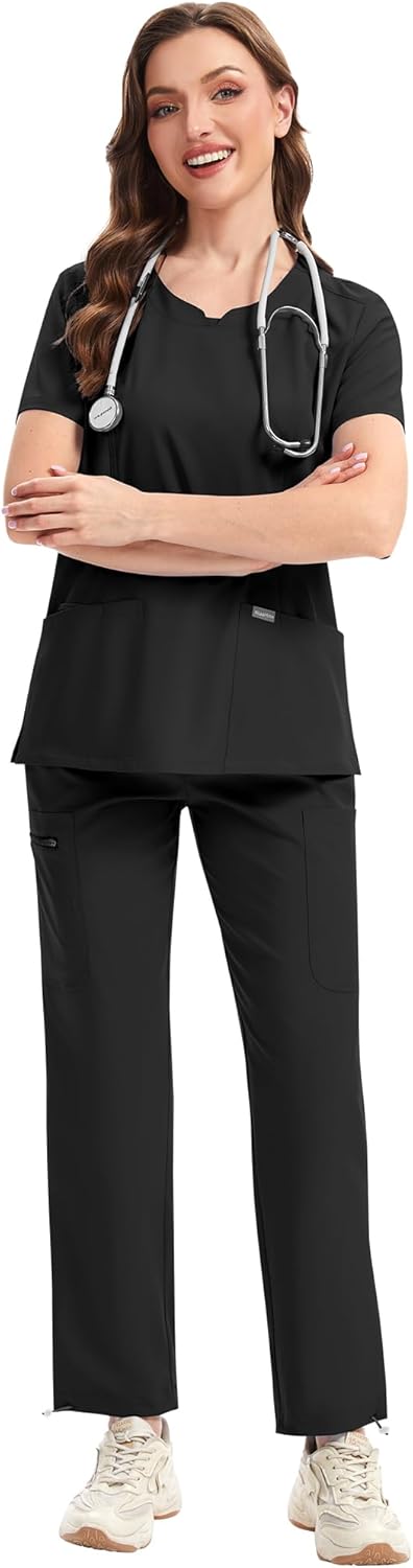 niaahinn Scrub for Women – Scrub Top with Stretchy Rib-Knit Back & Cargo Pants, Ultra Soft Medical Uniforms for Nurse